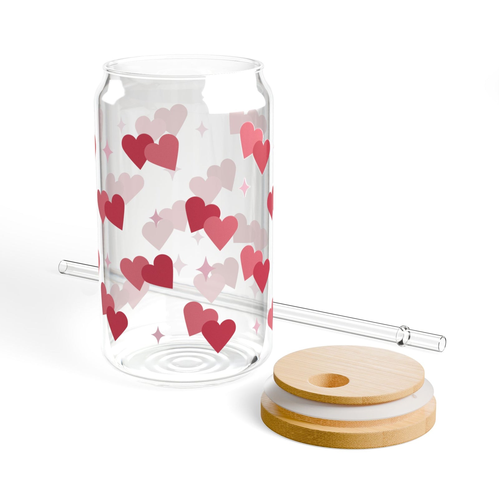 Lovey Dovey Hearts Tumbler Sipper Glass 16oz — Reusable Drink Jar with Lid & Straw - Sydney So Sweet