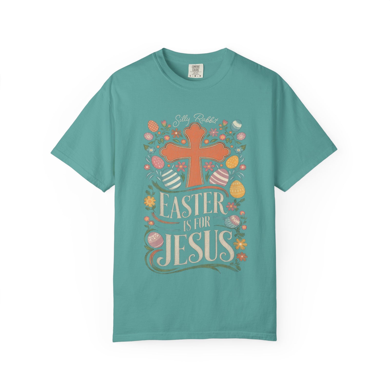 Silly Rabbit Easter Is For Jesus Christian T-Shirt Cross & Easter Eggs Faith Distressed Tee