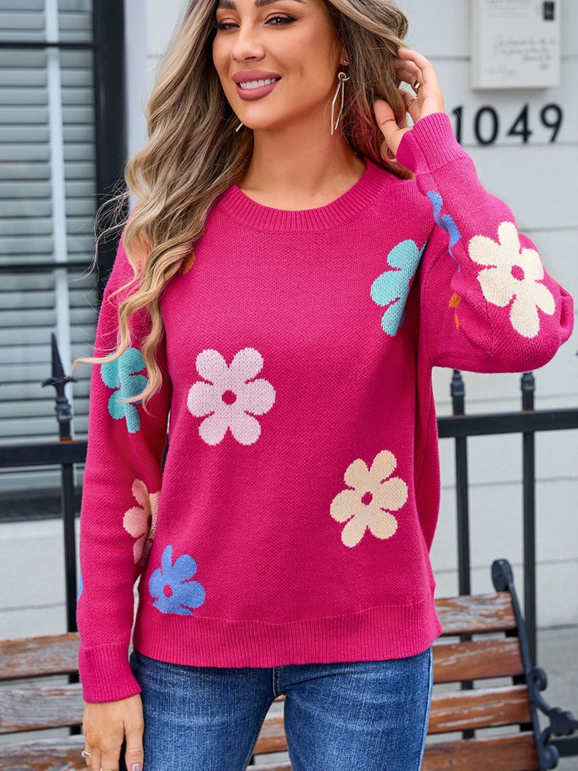 Flower Round Neck Long Sleeve Sweater - Sydney So Sweet