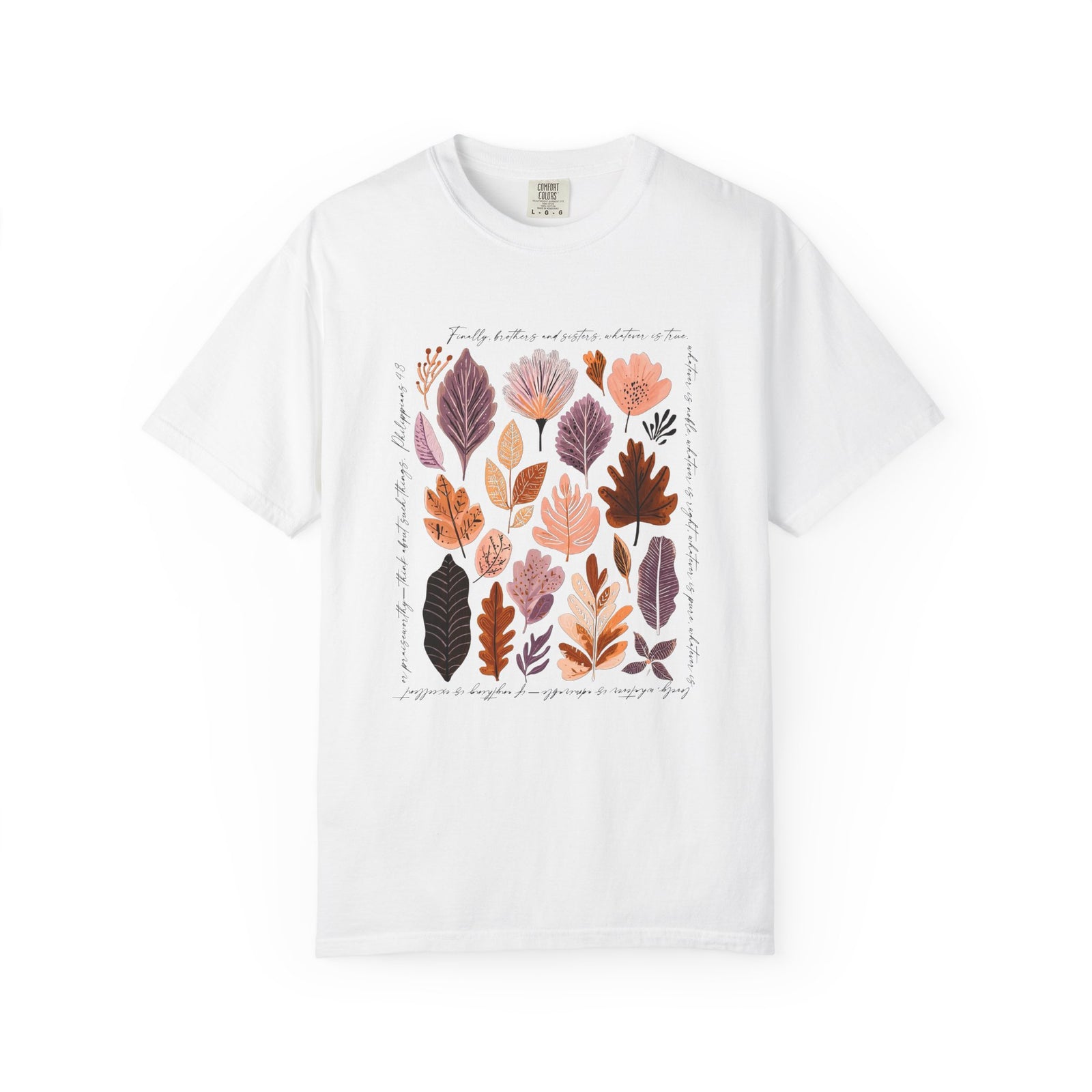 Think About Such Things T-Shirt Autumn Leaves Botanical Christian Tee