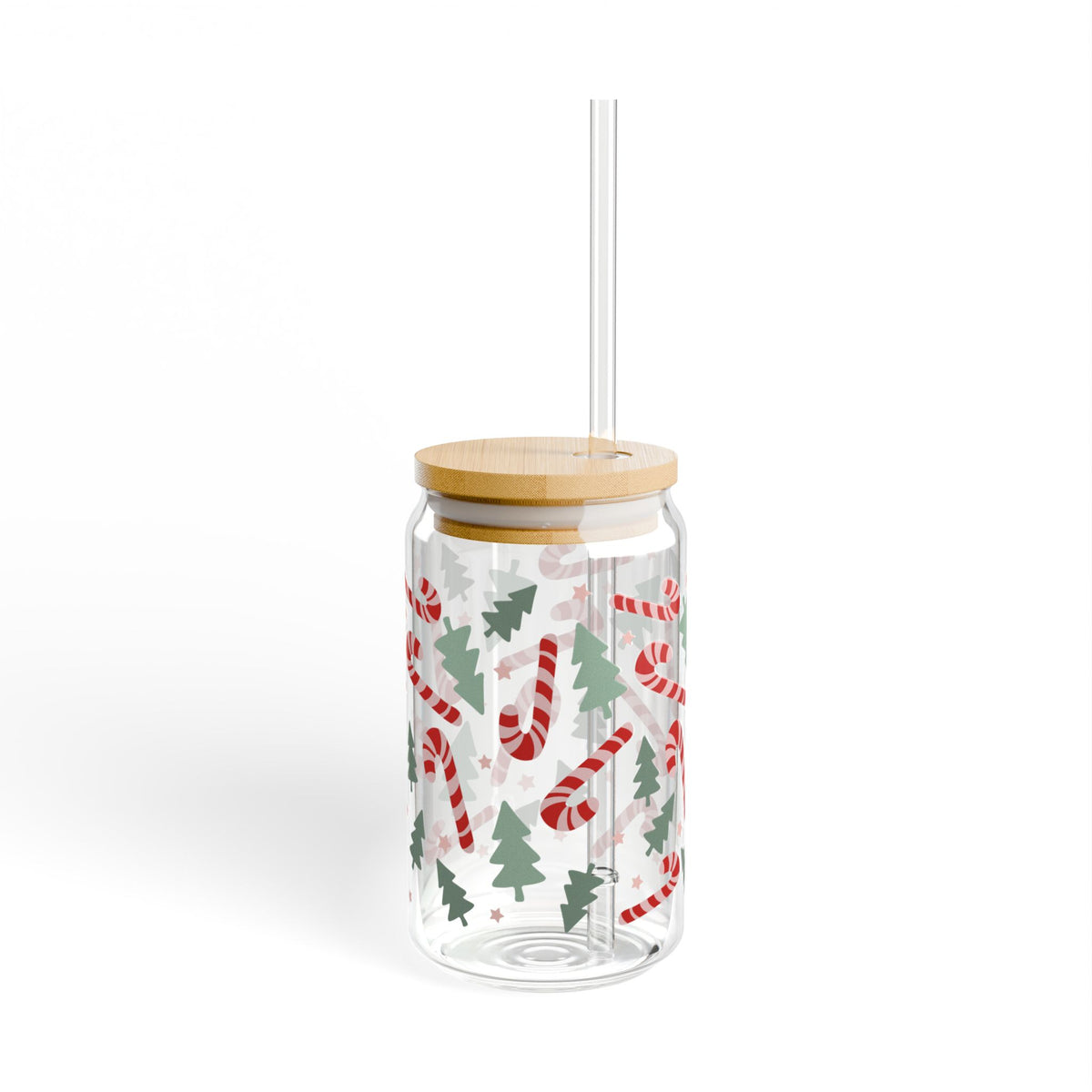 Candy Canes & Christmas Trees Sipper Glass 16oz Reusable Drink Jar with Lid & Straw