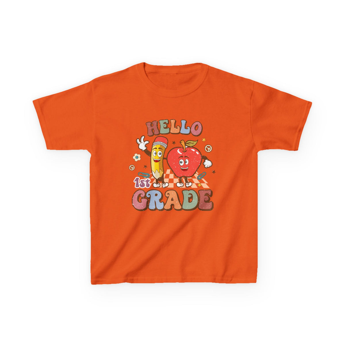 Hello 1st Grade Cute Apple & Pencil Graphic Tee Back-to-School First Grade Kids T-Shirt