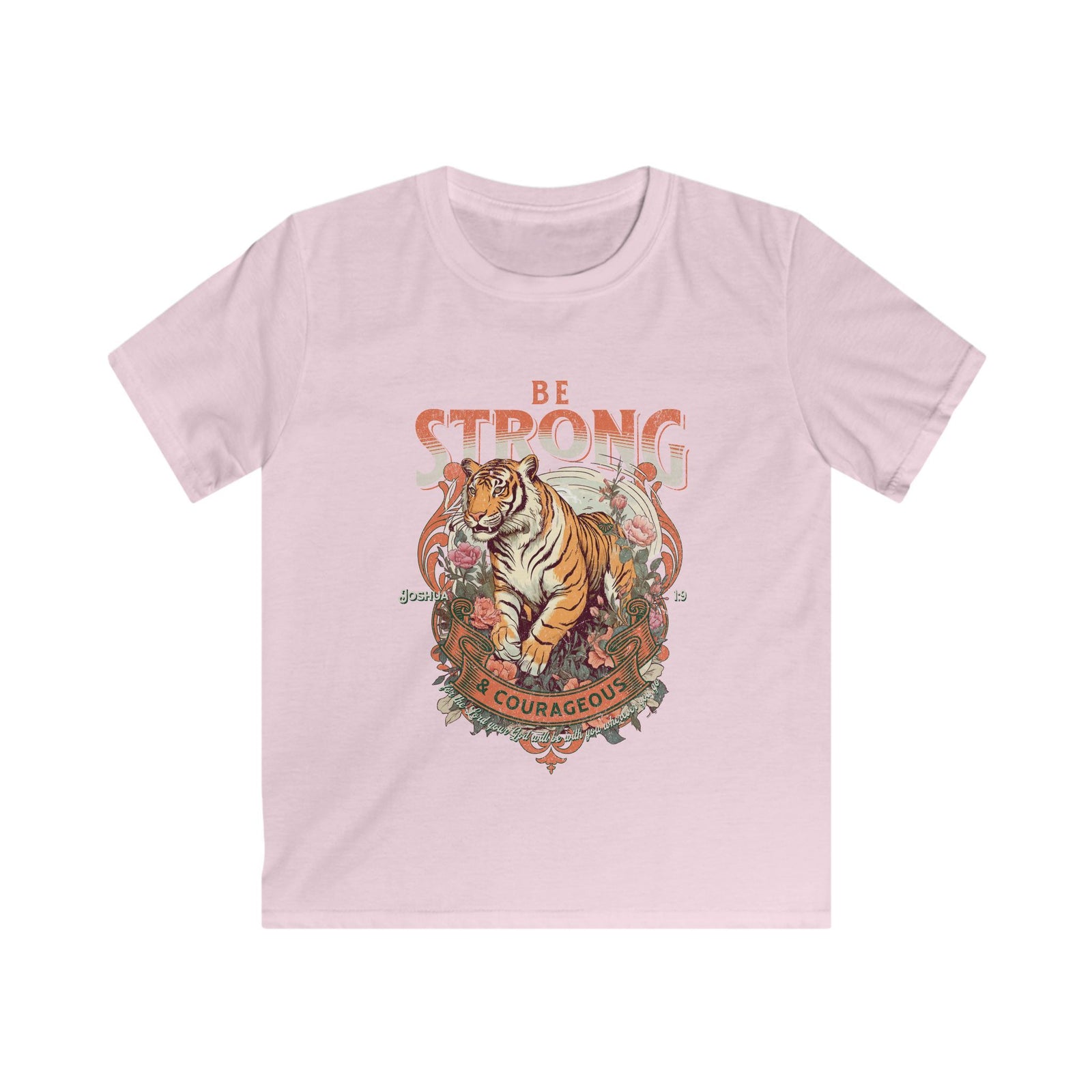 Be Strong & Courageous Tiger Kids T-Shirt Christian Youth Graphic Tee