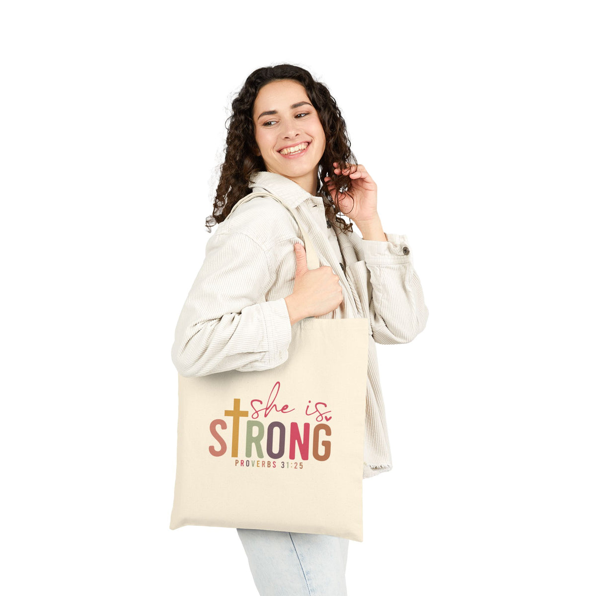She Is Strong Proverbs 31:25 Inspirational Cotton Canvas Tote Bag