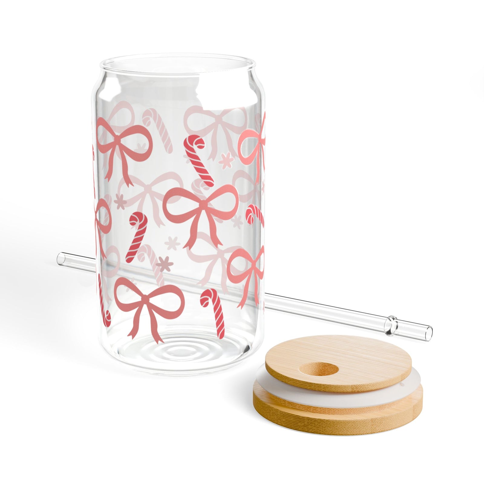 Candy Cane Coquette Sipper Glass 16oz Reusable Drink Jar with Lid & Straw