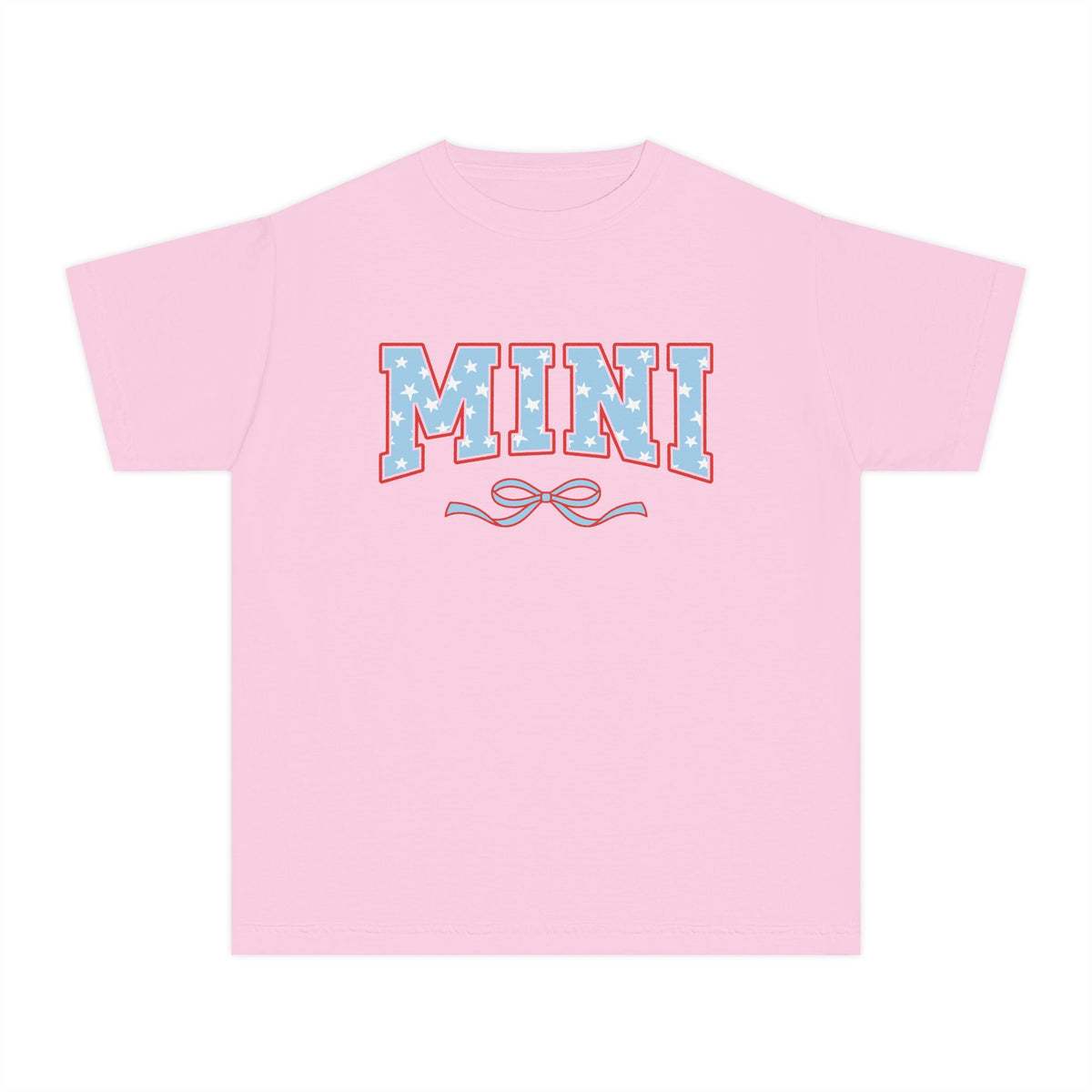 Mini 4th of July USA Coquette Varsity Blue Bow Patriotic T-shirt Preppy Star Tee
