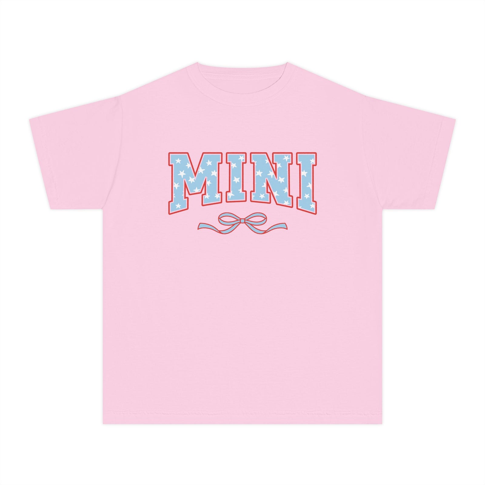 Mini 4th of July USA Coquette Varsity Blue Bow Patriotic T-shirt Preppy Star Tee