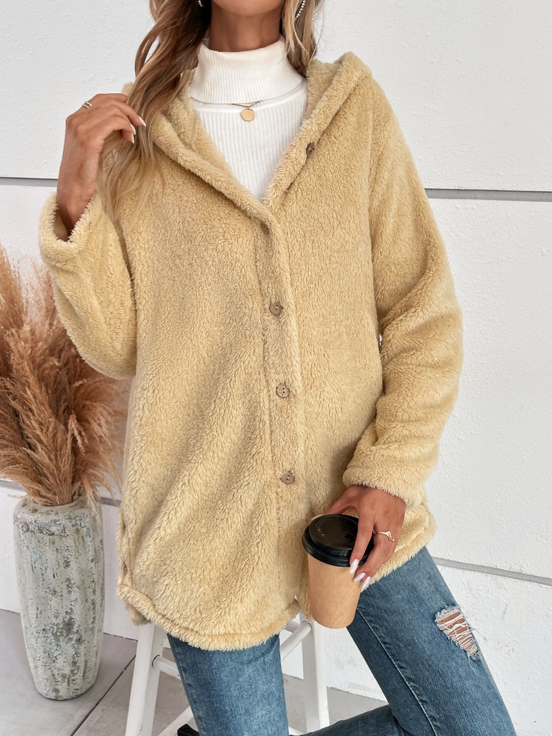 Fuzzy Button Up Hooded Jacket - Sydney So Sweet