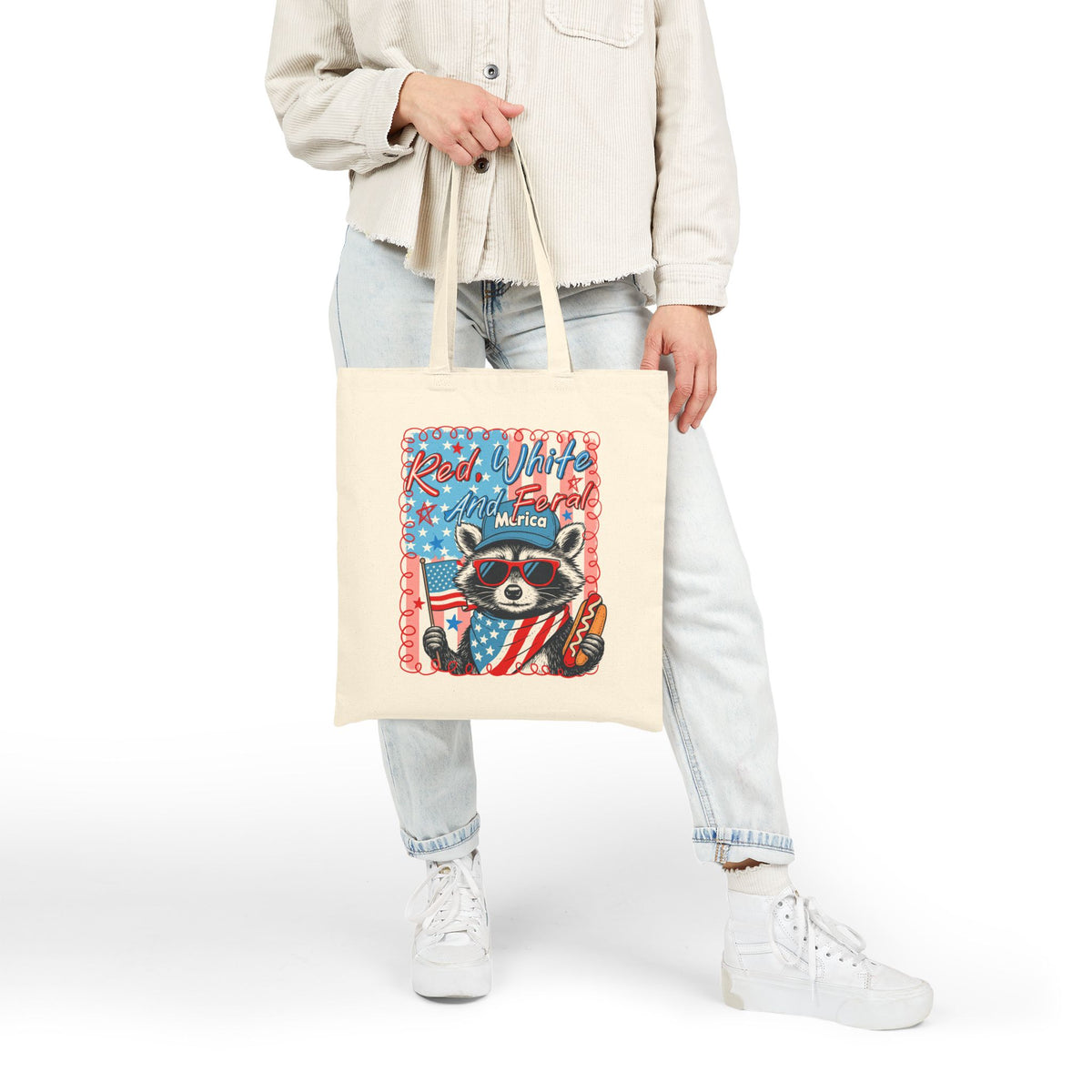 Red White and Feral Patriotic Raccoon Cotton Canvas Tote Bag