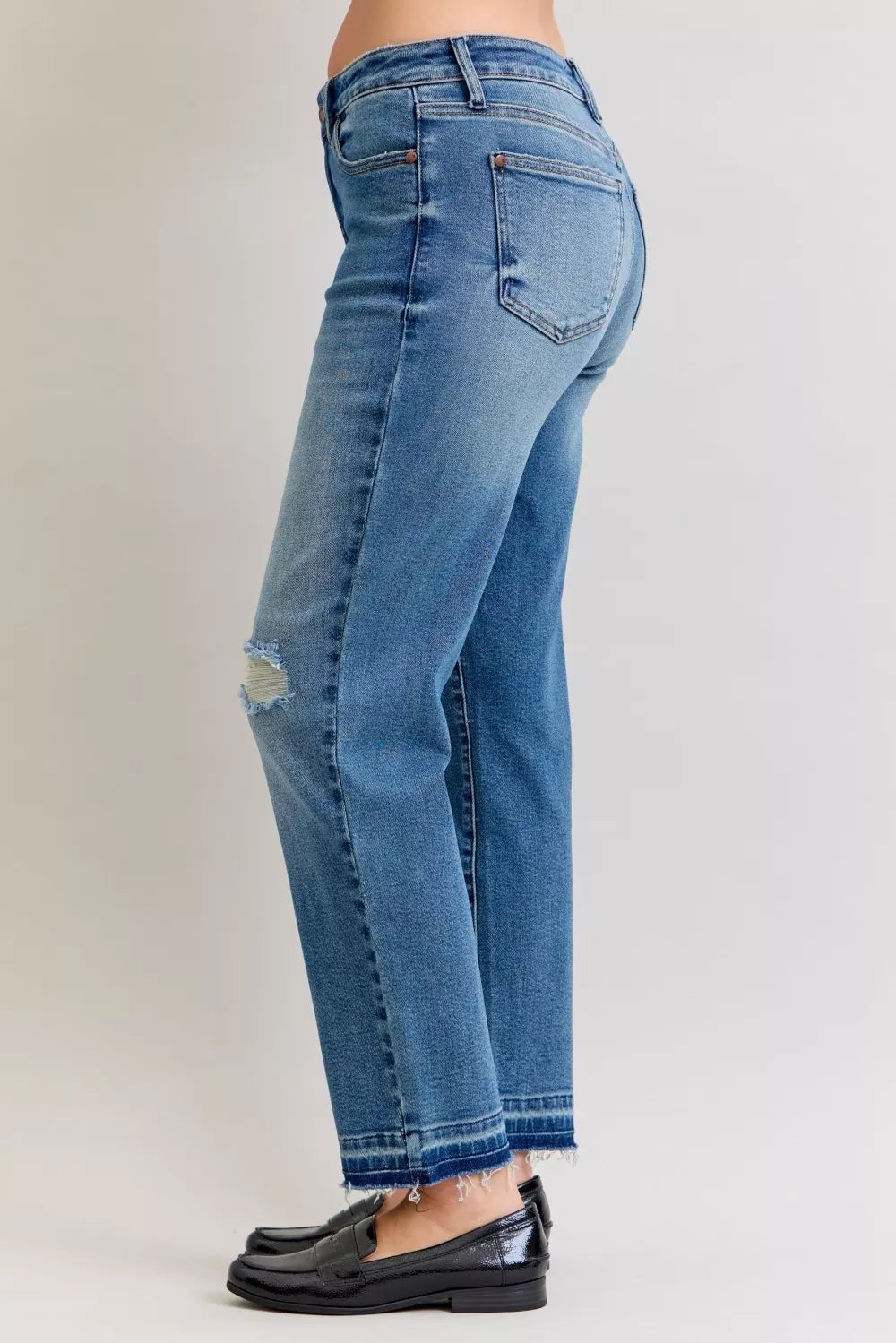 Judy Blue Full Size Mid Rise Bf Patch & Repair Destroy Release Hem Jeans Plus Size - Sydney So Sweet