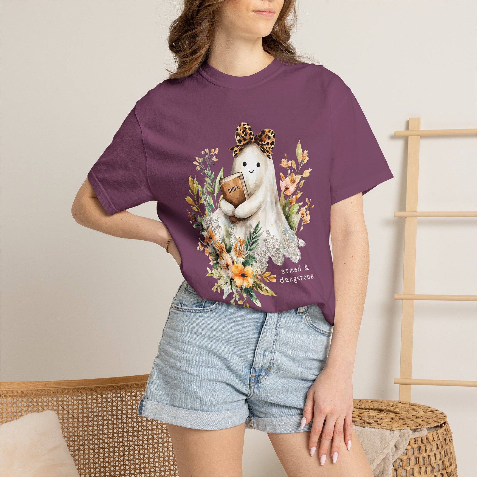 Bible Ghost Floral Tee Armed & Dangerous Cute Halloween Graphic T-Shirt