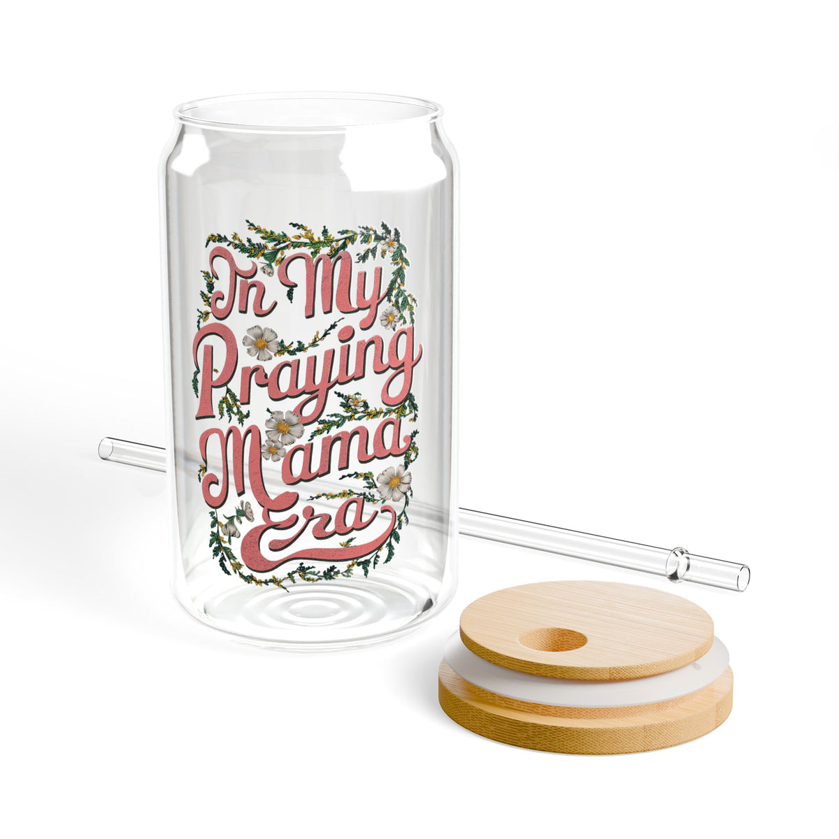 In My Praying Mama Era Sipper Glass 16oz Reusable Drink Jar with Lid & Straw