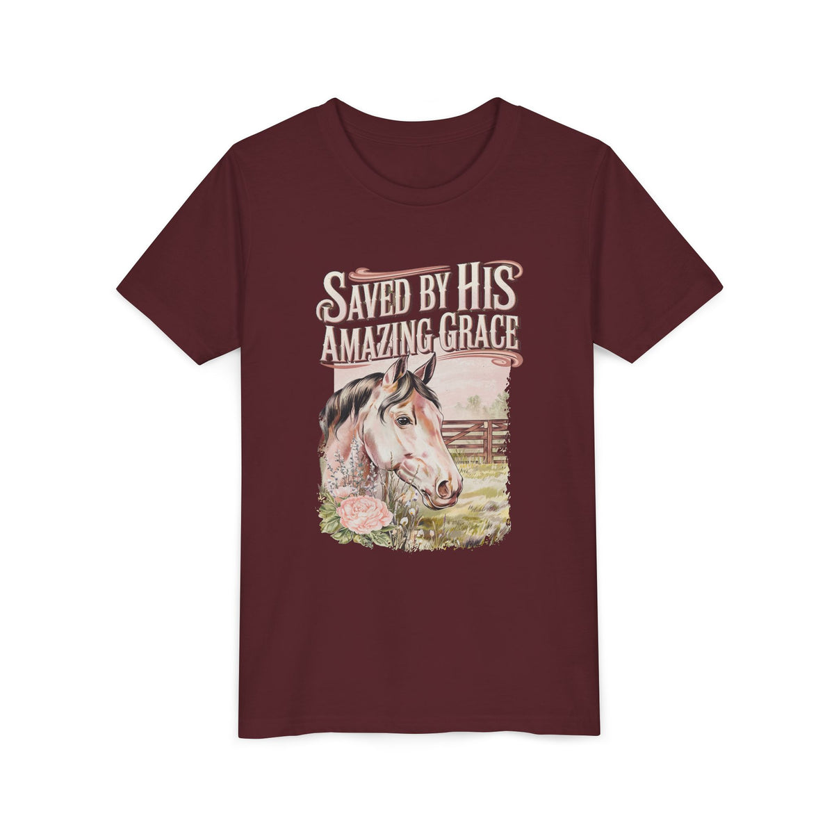 Youth Tee — "Saved By His Amazing Grace" Horse Graphic Christian Shirt