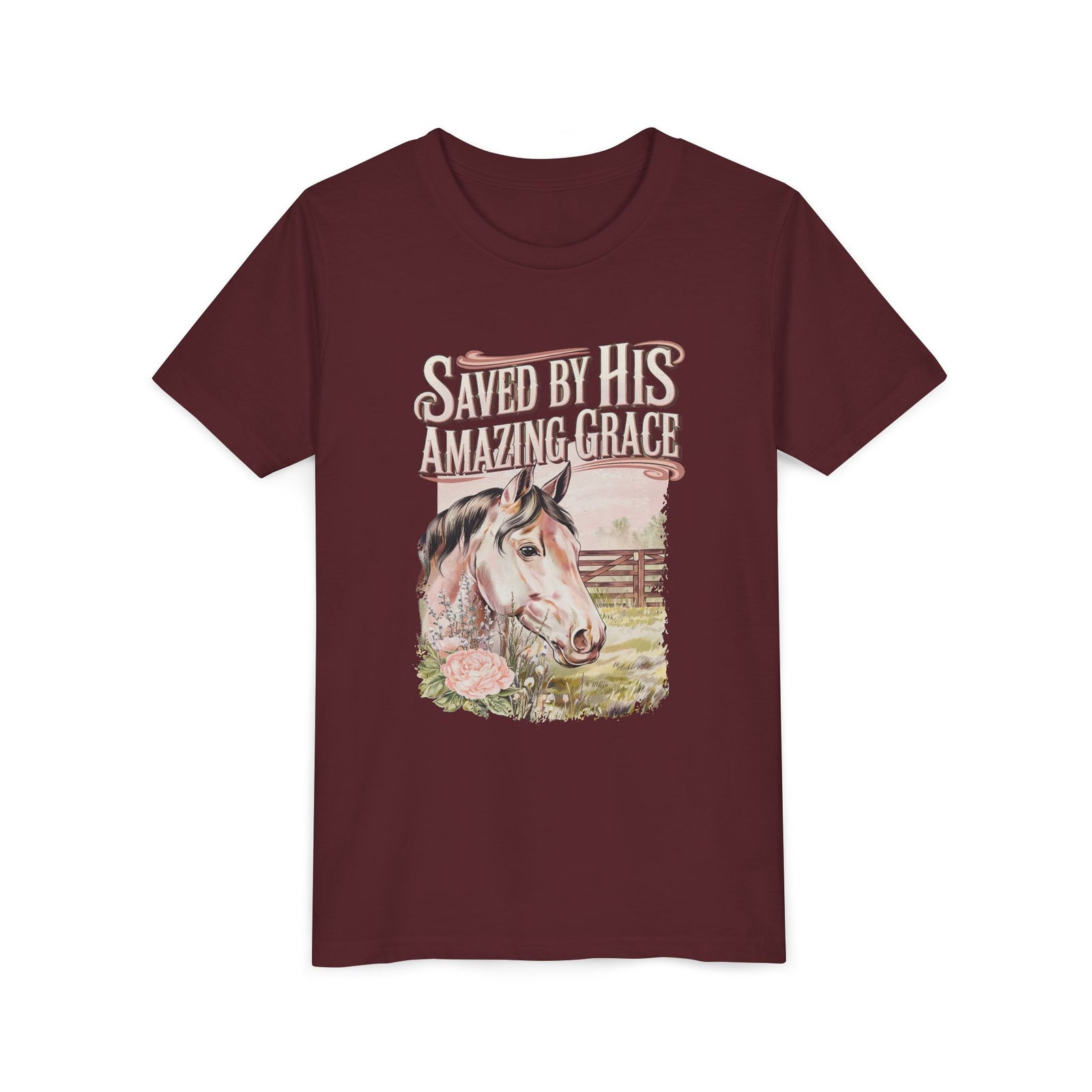 Youth Tee — "Saved By His Amazing Grace" Horse Graphic Christian Shirt