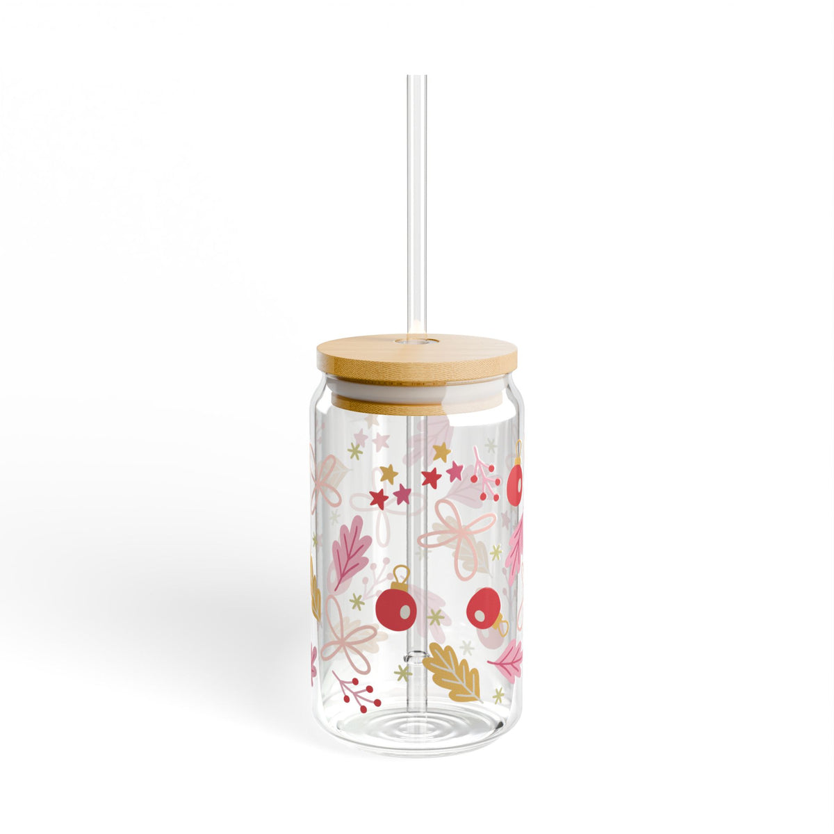 Cheerful Christmas Sipper Glass 16oz Reusable Drink Jar with Lid & Straw