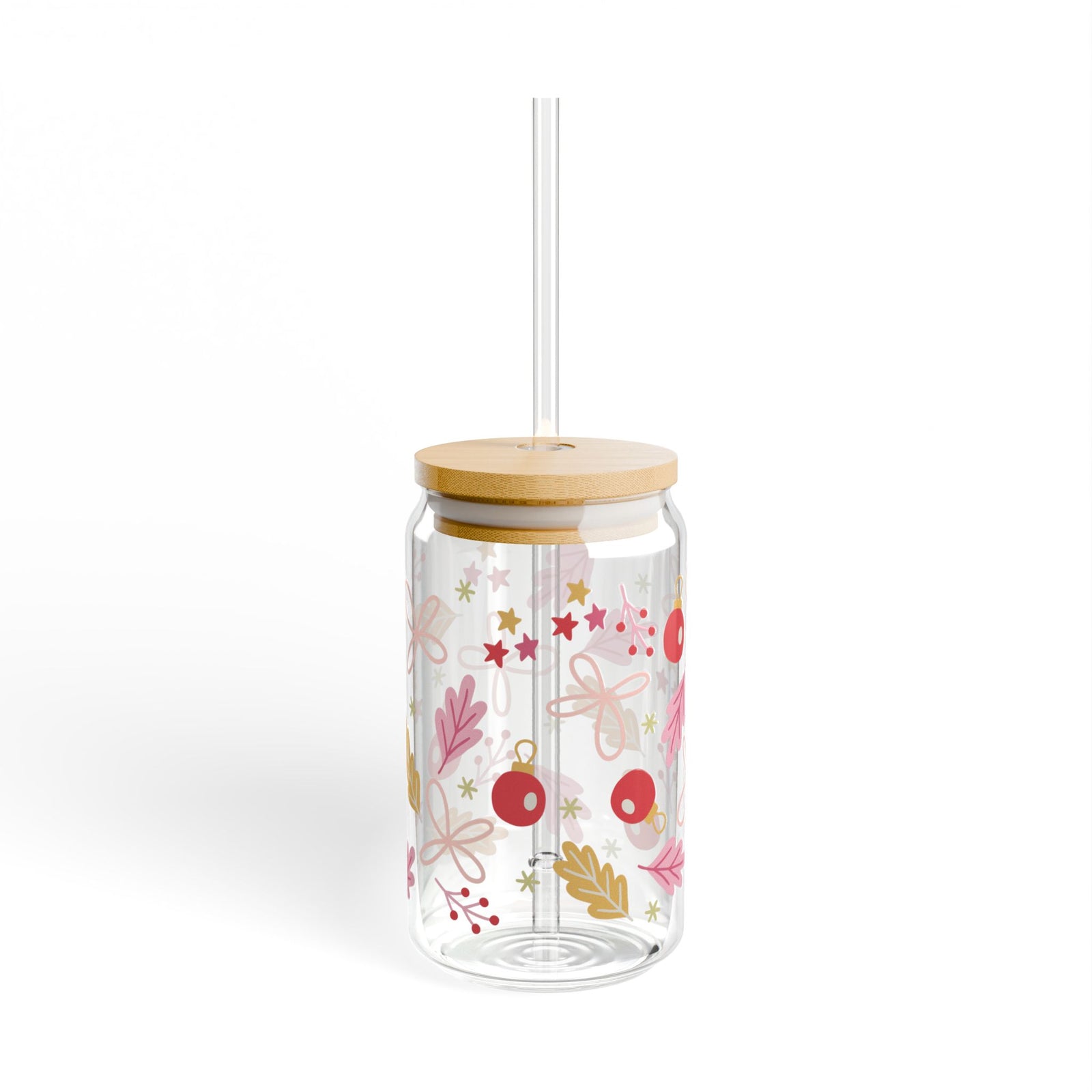 Cheerful Christmas Sipper Glass 16oz Reusable Drink Jar with Lid & Straw