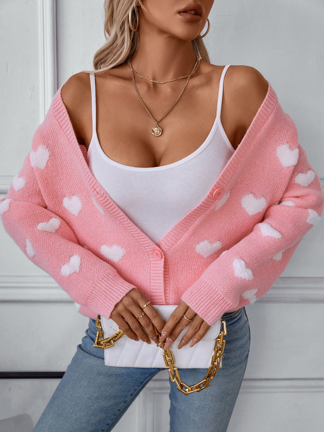 Heart V-Neck Button Up Long Sleeve Cardigan - Sydney So Sweet