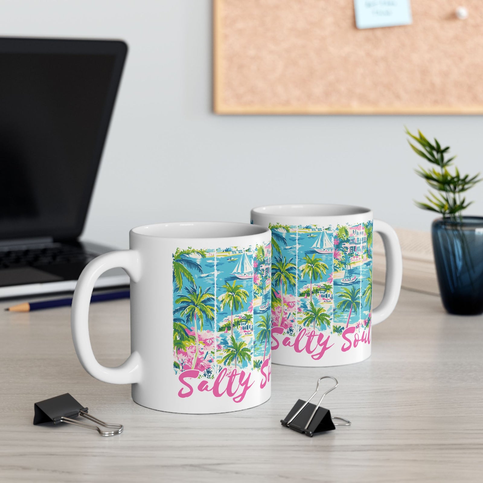 Salty Soul Beachy Palm Print Cute Ceramic Mug Coffee Cup (11oz & 15oz)