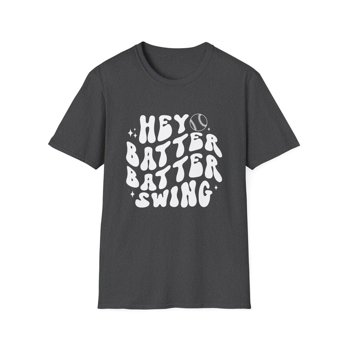 Hey Batter Batter Swing Baseball or Softball Retro Font Graphic T-Shirt Sports Tee (12 Team Colors)