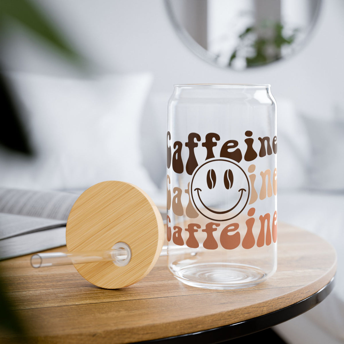 Caffeine Smile Sipper Glass 16oz Reusable Drink Jar with Lid & Straw