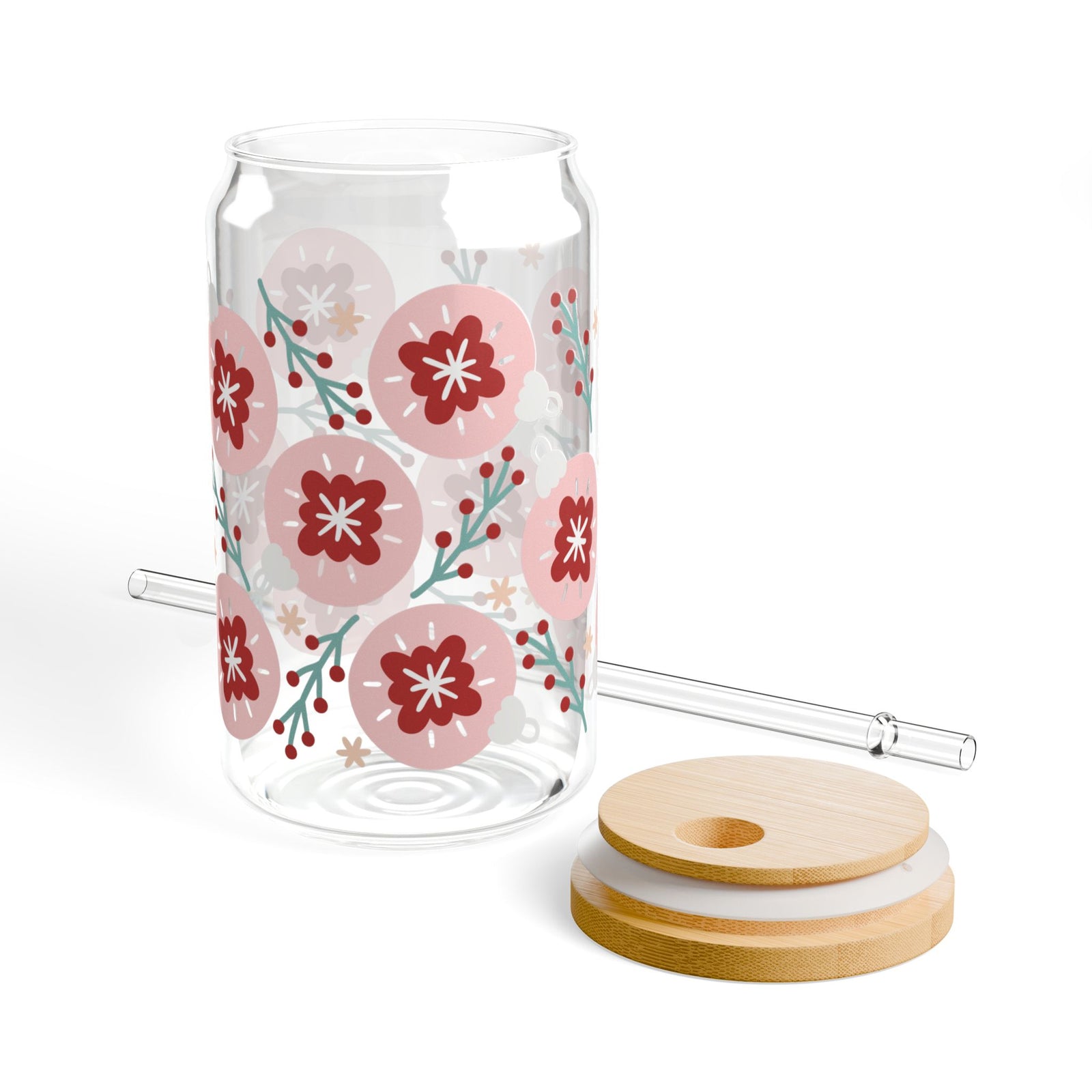 Hygge Christmas Holiday Sipper Glass 16oz Reusable Drink Jar with Lid & Straw