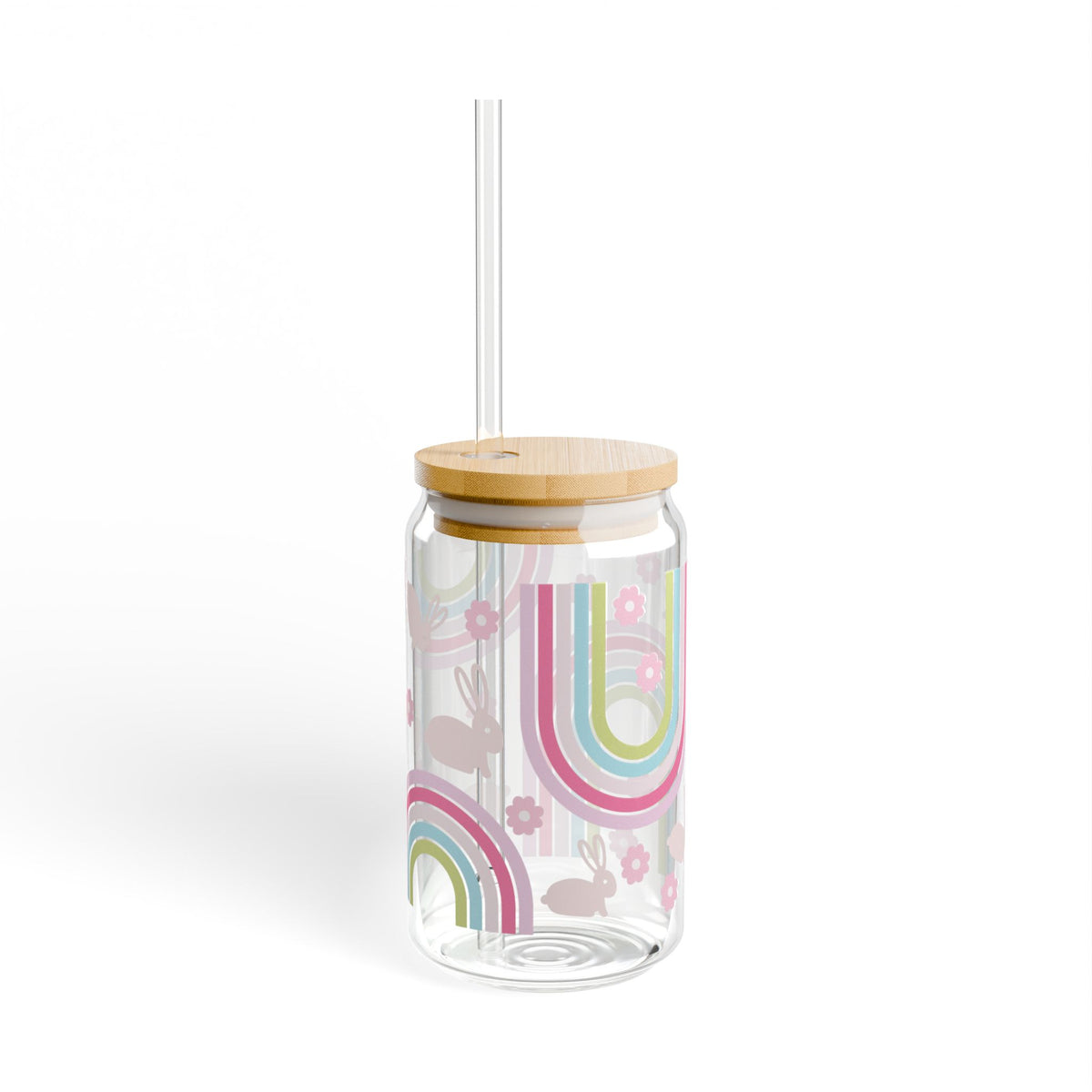 Pastel Bunny Rainbow Tumbler Sipper Glass 16oz — Reusable Drink Jar with Lid & Straw