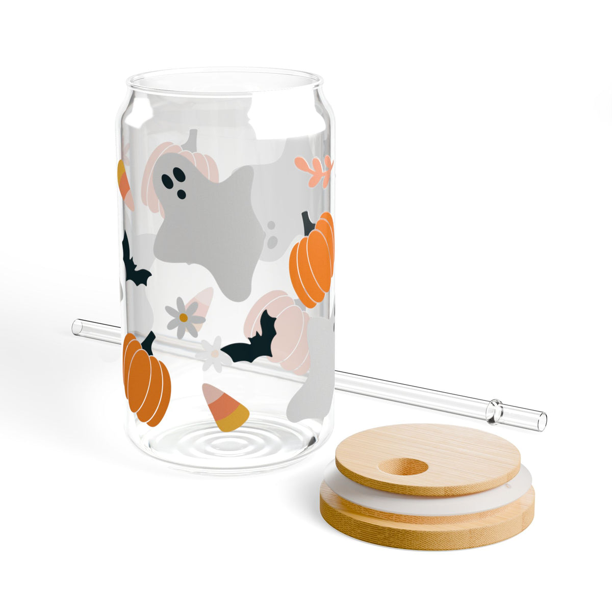 Halloween Classic Ghost & Pumpkin Sipper Glass 16oz Reusable Drink Jar with Lid & Straw