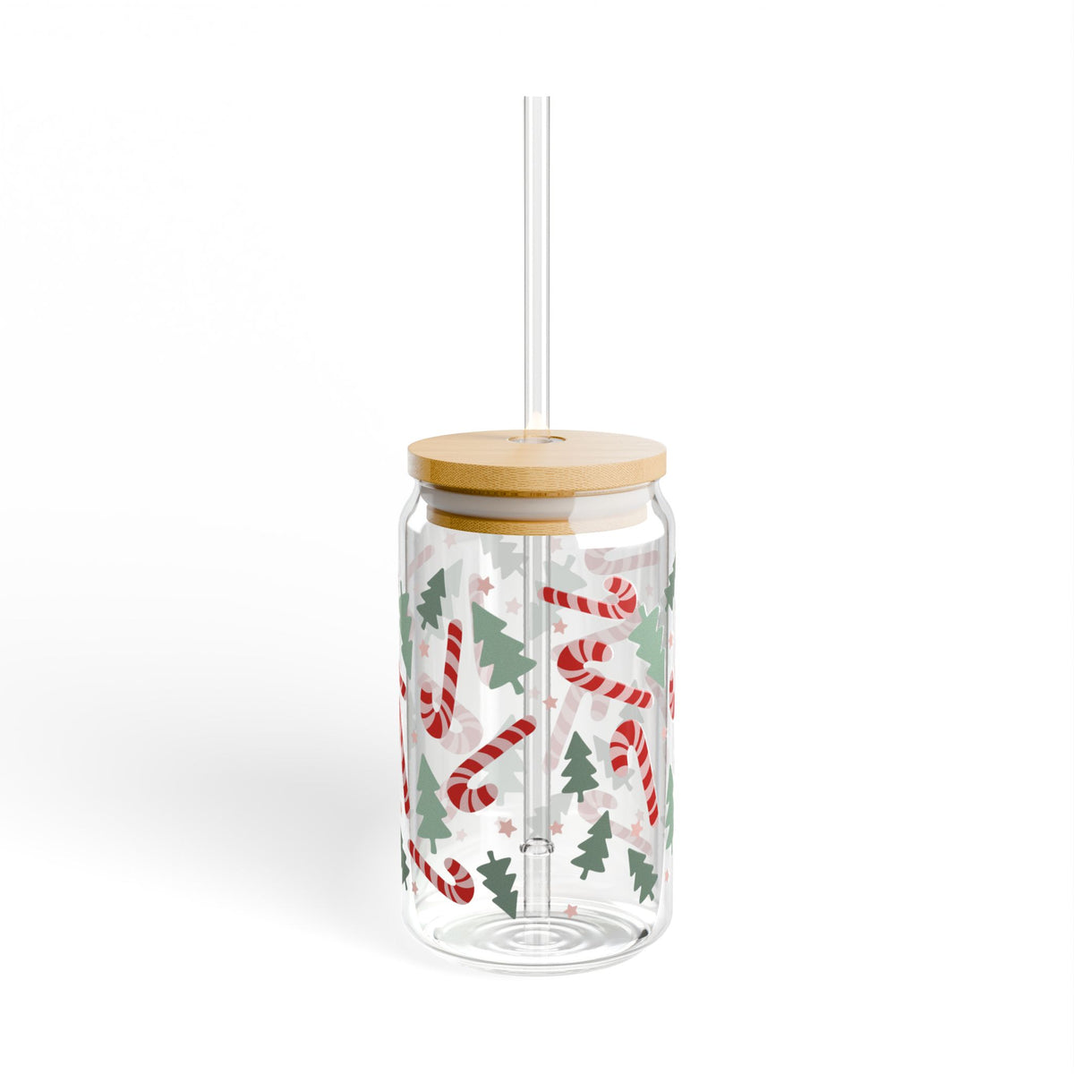 Candy Canes & Christmas Trees Sipper Glass 16oz Reusable Drink Jar with Lid & Straw