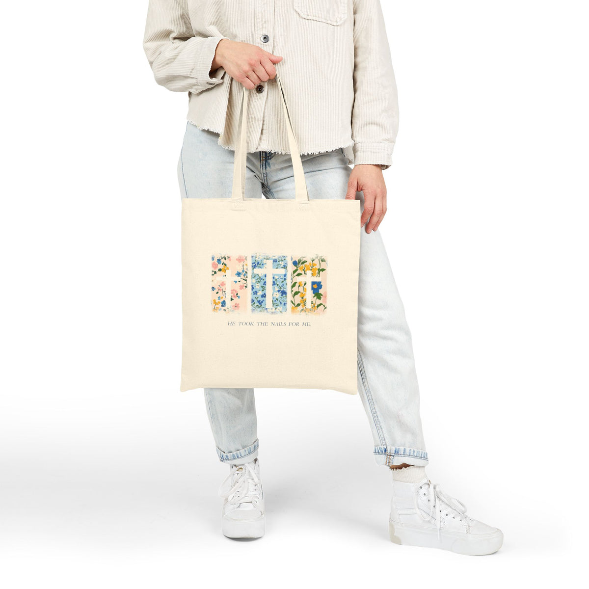 He Took the Nails for Me Christian Cross Cotton Canvas Floral Tote Bag