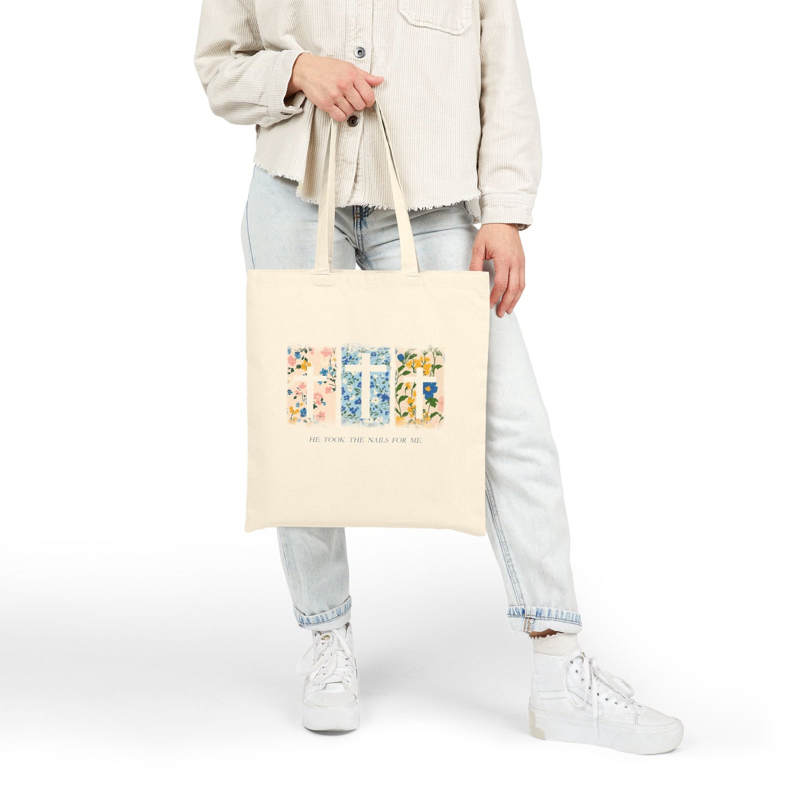 He Took the Nails for Me Christian Cross Cotton Canvas Floral Tote Bag
