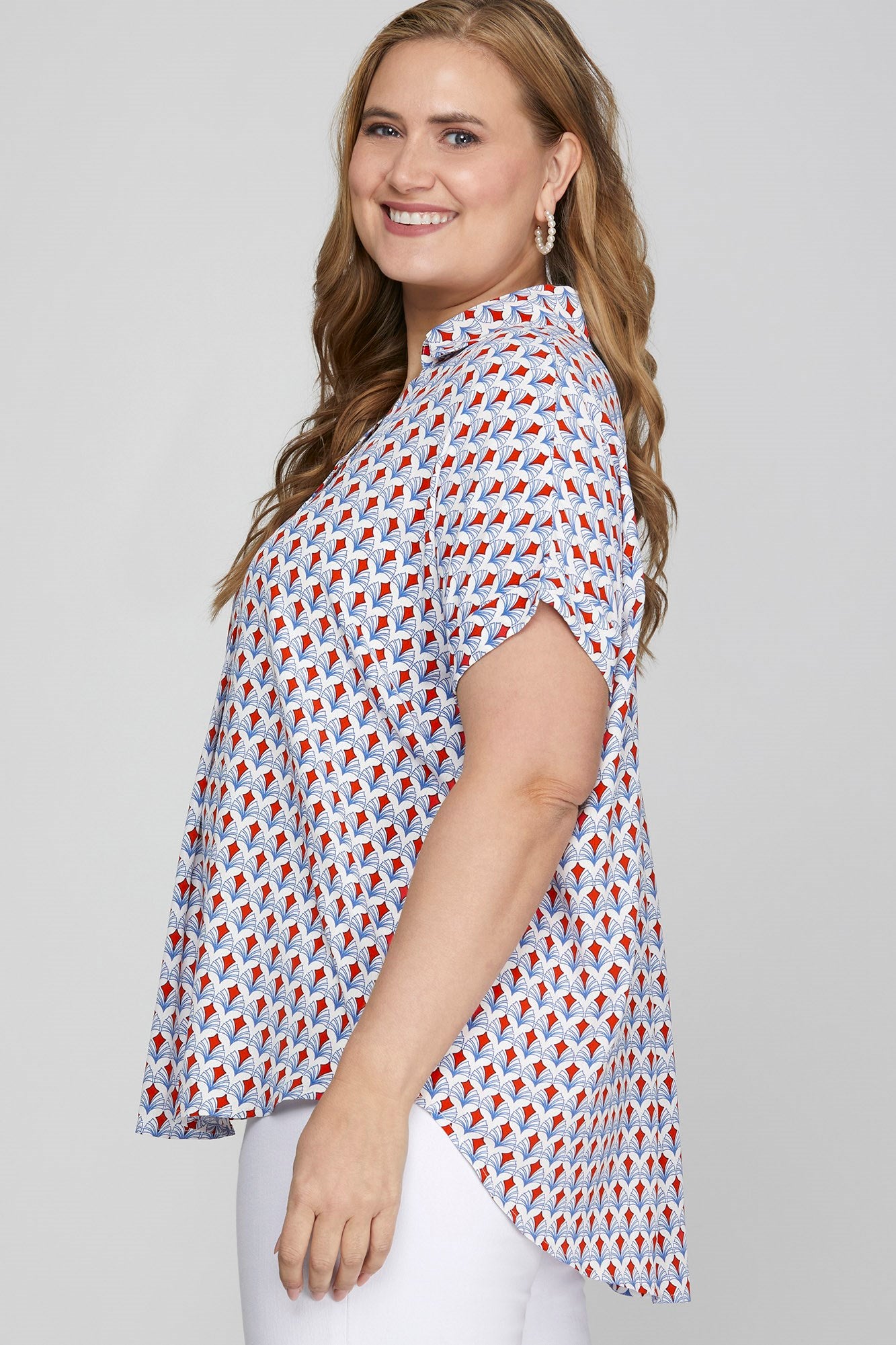 She + Sky Full Size Printed Johnny Collar Short Sleeve Blouse Plus Size - Sydney So Sweet