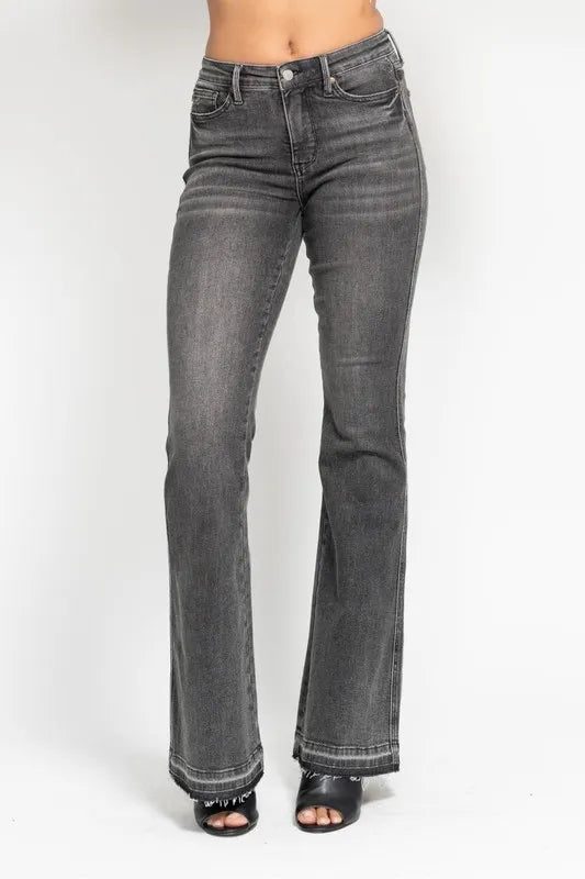 Judy Blue Full Size Mid Rise Tummy Control Washed Gray Release Hem Flare Jeans Plus Size - Sydney So Sweet
