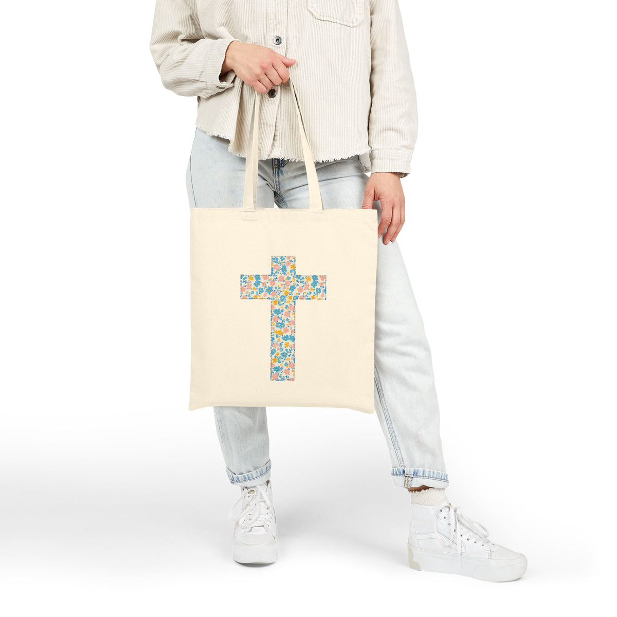 Floral Cross Canvas Tote Bag Christian Faith Reusable Grocery & Church Bag