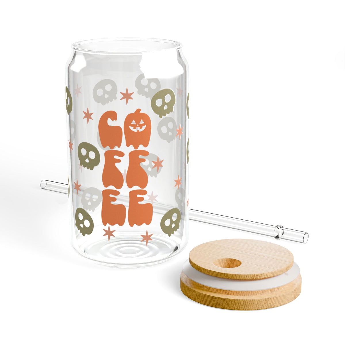 Spooky Coffee Halloween Sipper Glass 16oz Reusable Drink Jar with Lid & Straw