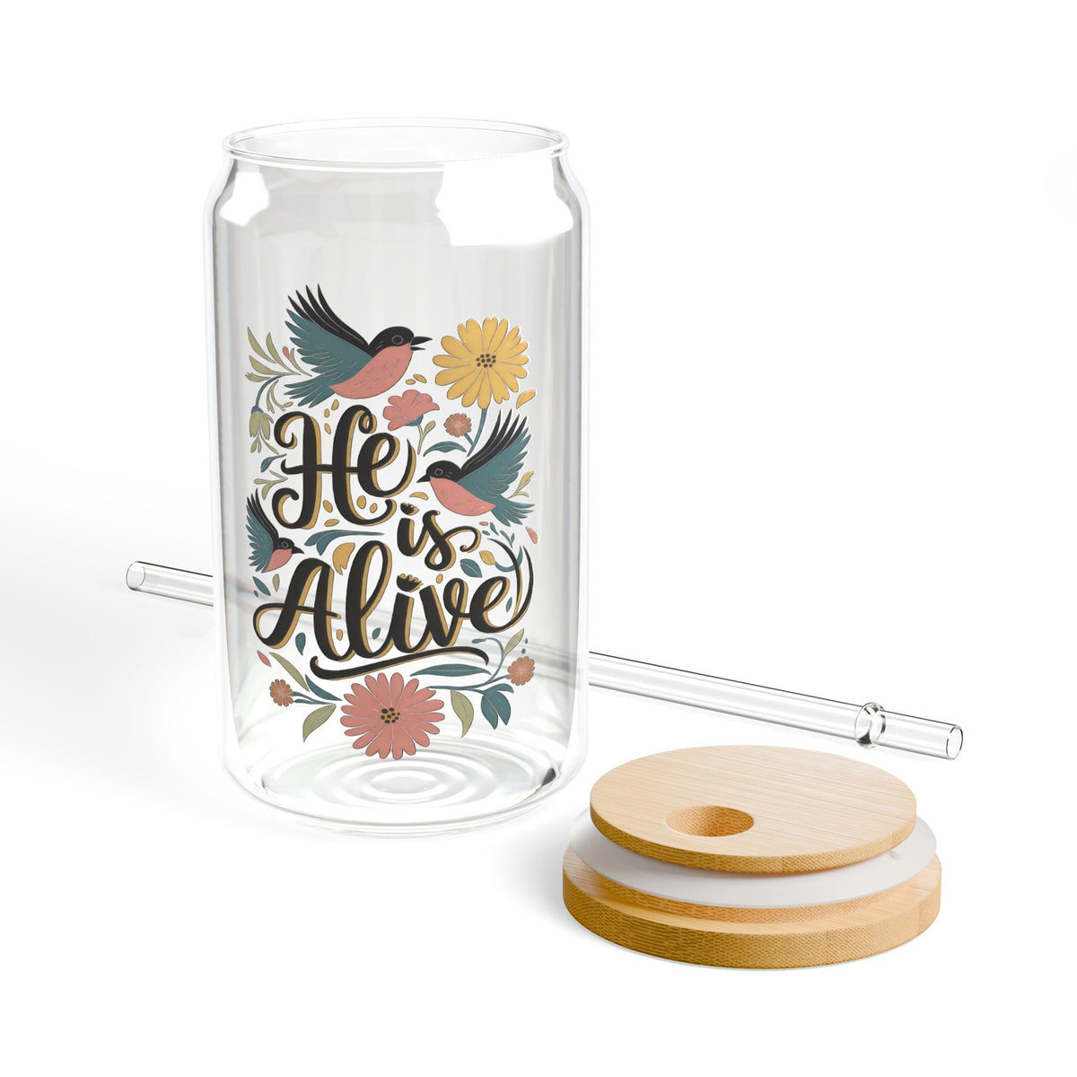 He Is Alive Floral Birds Christian Sipper Glass 16oz Reusable Drink Jar with Lid & Straw