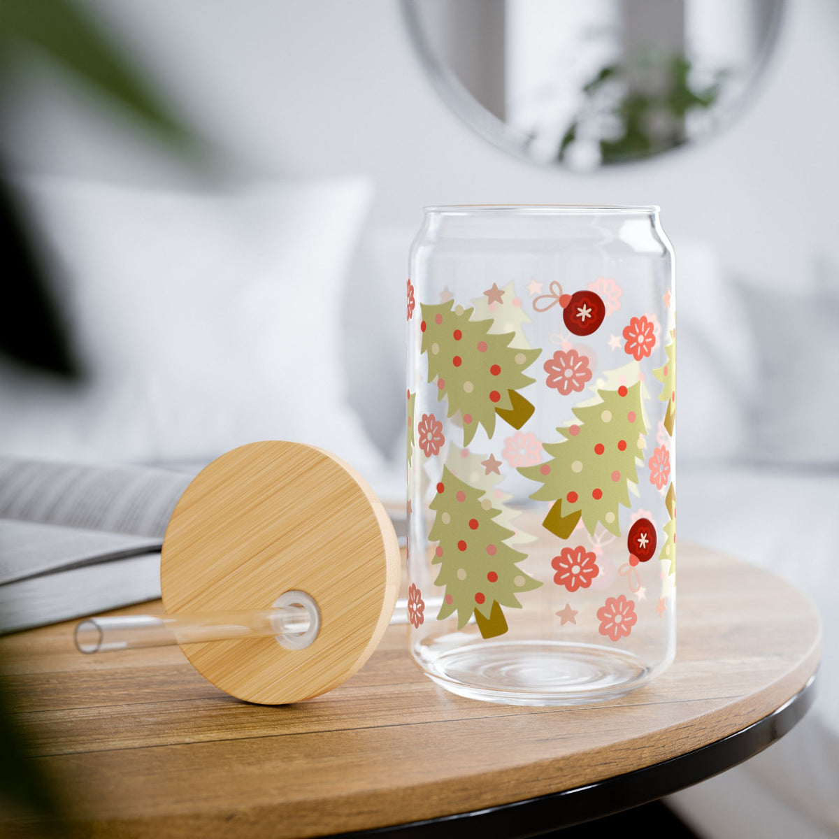 90's Christmas Sipper Glass 16oz Reusable Drink Jar with Lid & Straw