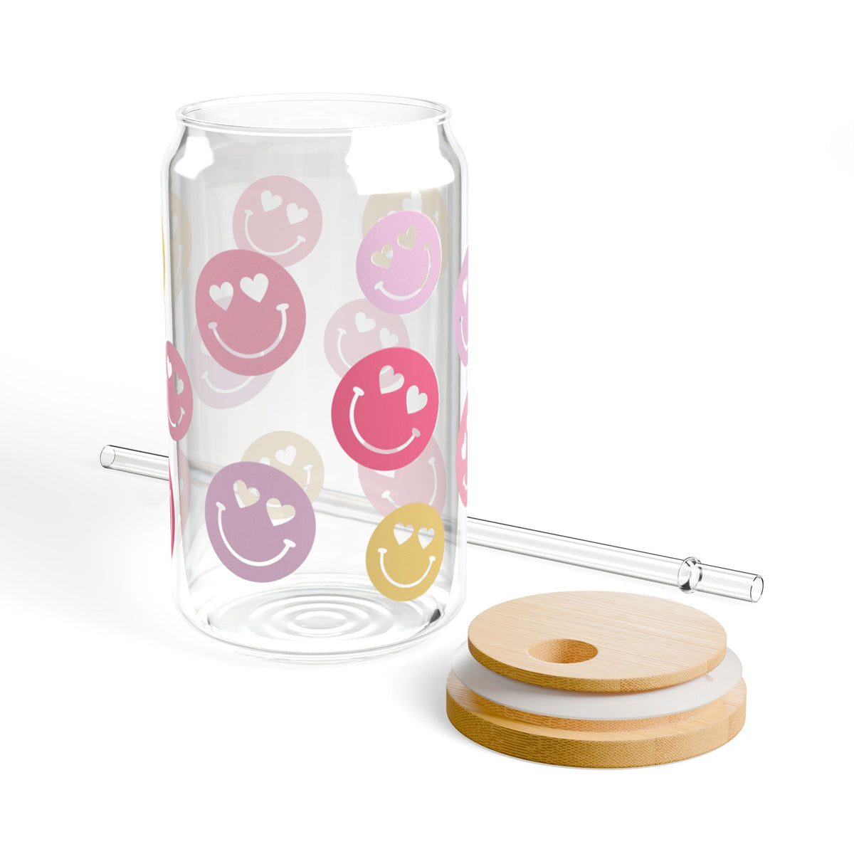Heart Eyes Smiley Face Tumbler Sipper Glass 16oz — Reusable Drink Jar with Lid & Straw