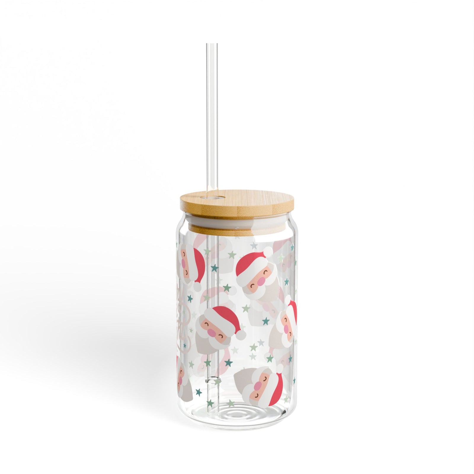 Merry & Bright Starry Santa Christmas Sipper Glass 16oz Reusable Drink Jar with Lid & Straw