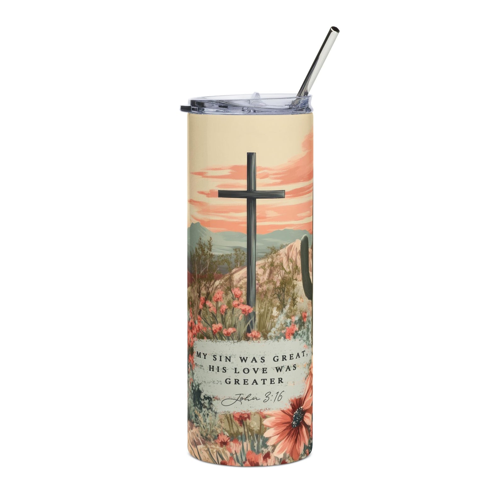 My Sin Was Great His Love Was Greater Floral Desert 20oz Faith Cross Stainless Steel Tumbler