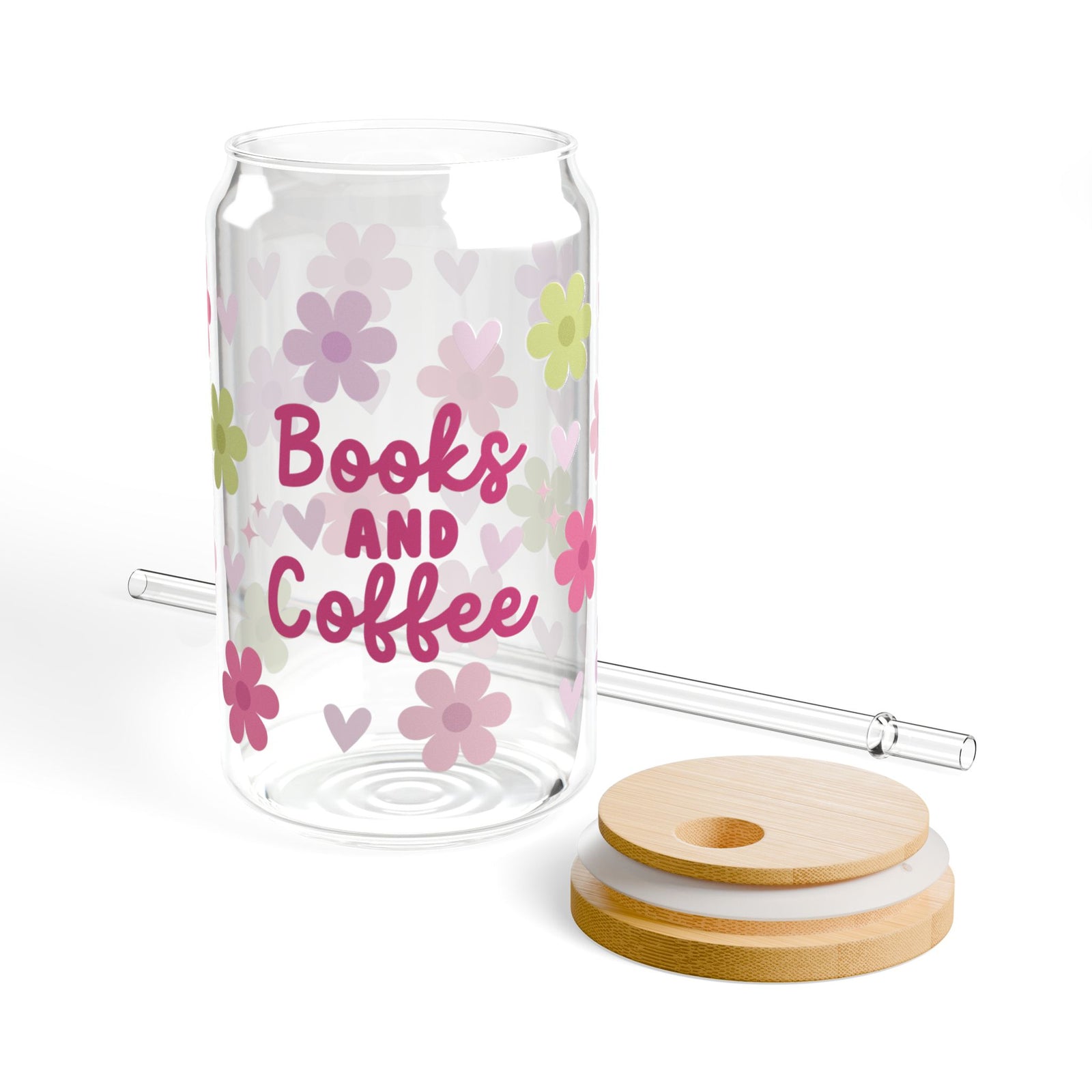 Books and Coffee Tumbler Sipper Glass 16oz — Reusable Drink Jar with Lid & Straw - Sydney So Sweet