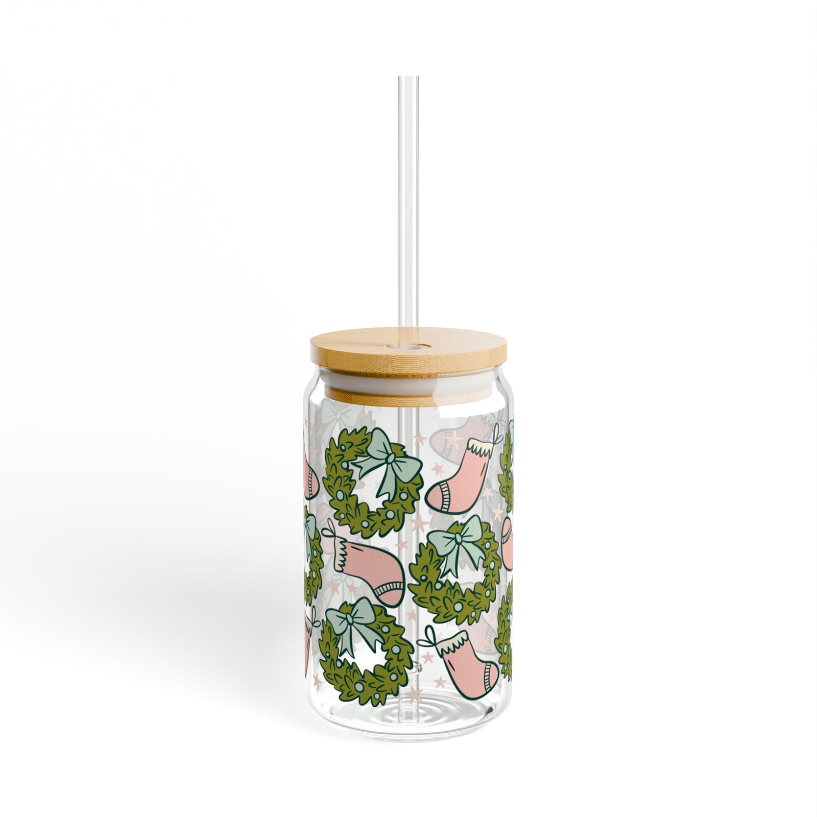 Holly Jolly Christmas Stockings Sipper Glass 16oz Reusable Drink Jar with Lid & Straw