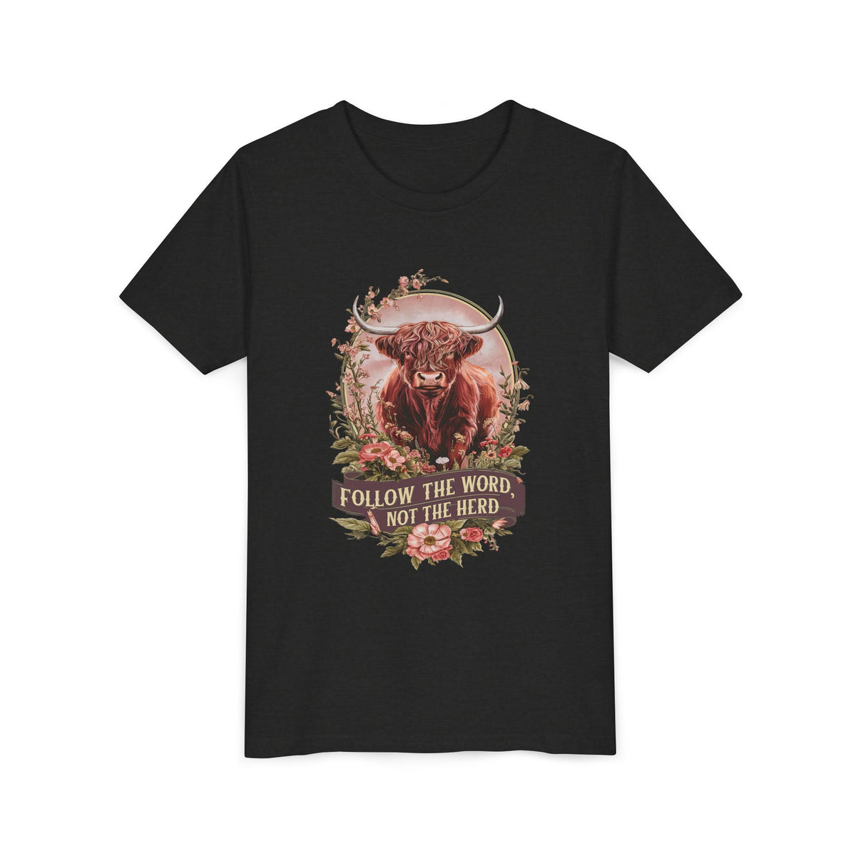 Follow the Word Not the Herd Kids T-Shirt Highland Cow Christian Graphic Tee