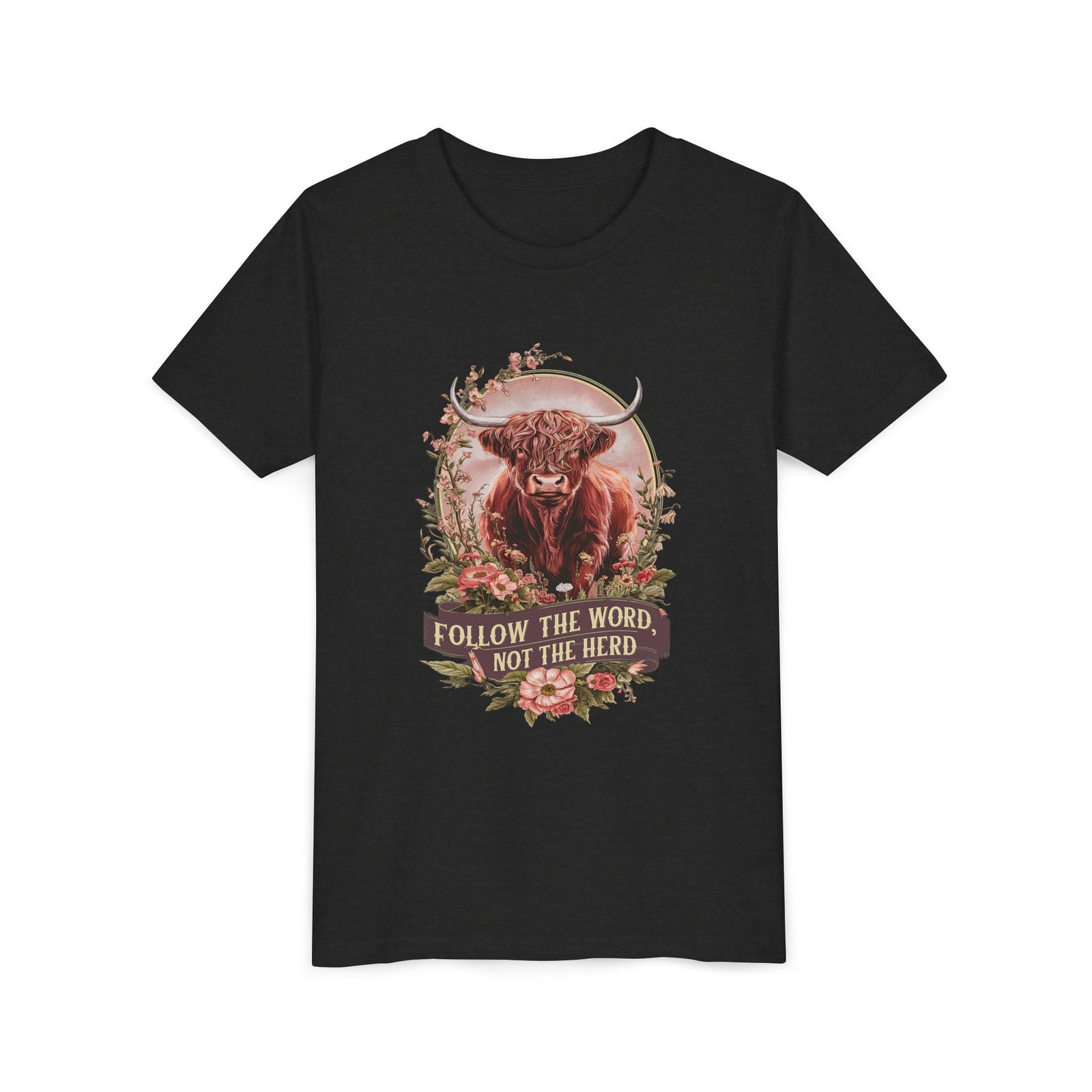 Follow the Word Not the Herd Kids T-Shirt Highland Cow Christian Graphic Tee