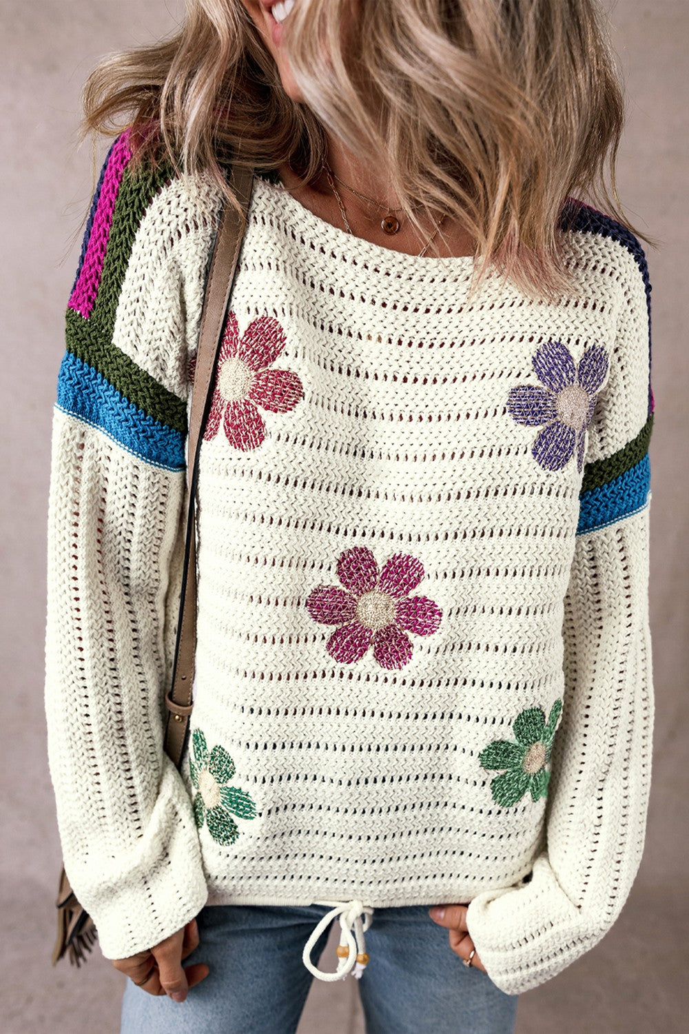 Flower Round Neck Long Sleeve Sweater - Sydney So Sweet