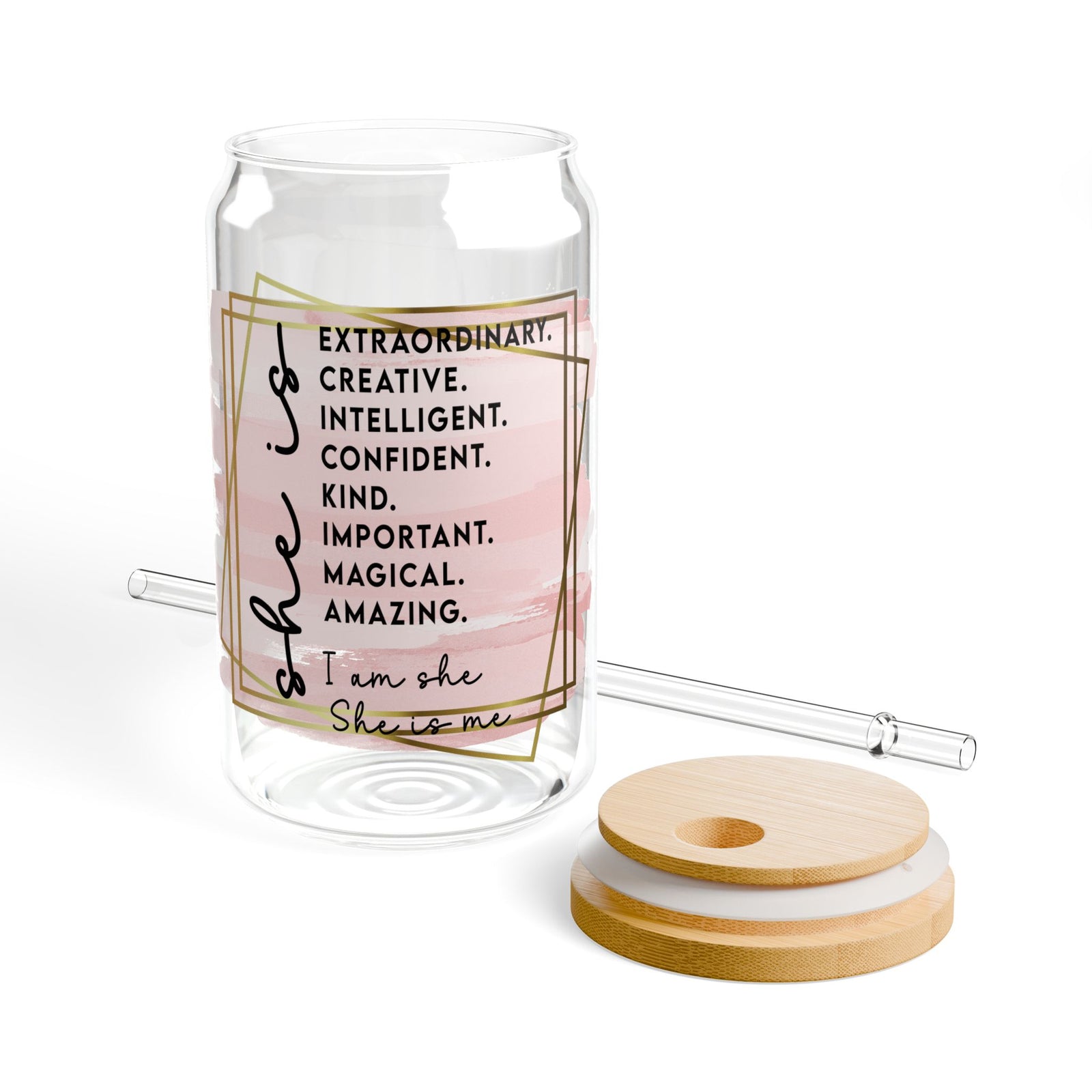 She is Me Inspirational Tumbler Sipper Glass 16oz — Reusable Drink Jar with Lid & Straw - Sydney So Sweet