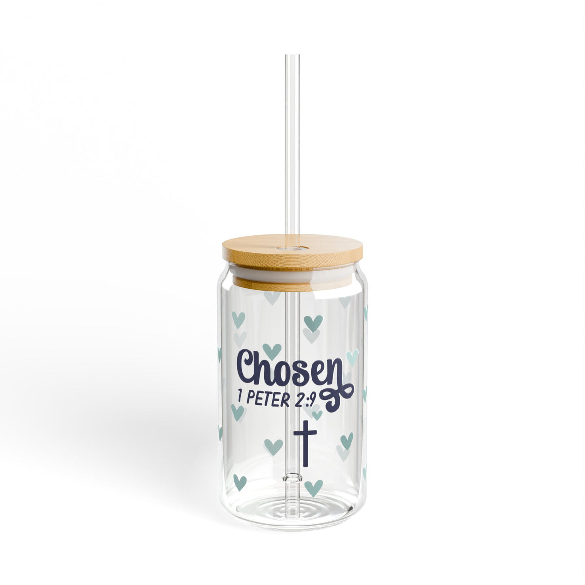 Chosen 1 Peter 2:9 Heart Sipper Glass 16oz — Reusable Drink Jar with Lid & Straw