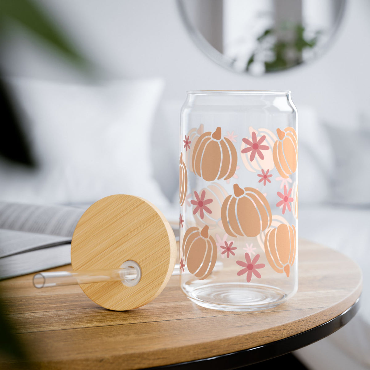 Pumpkin Floral Halloween Sipper Glass 16oz Reusable Drink Jar with Lid & Straw