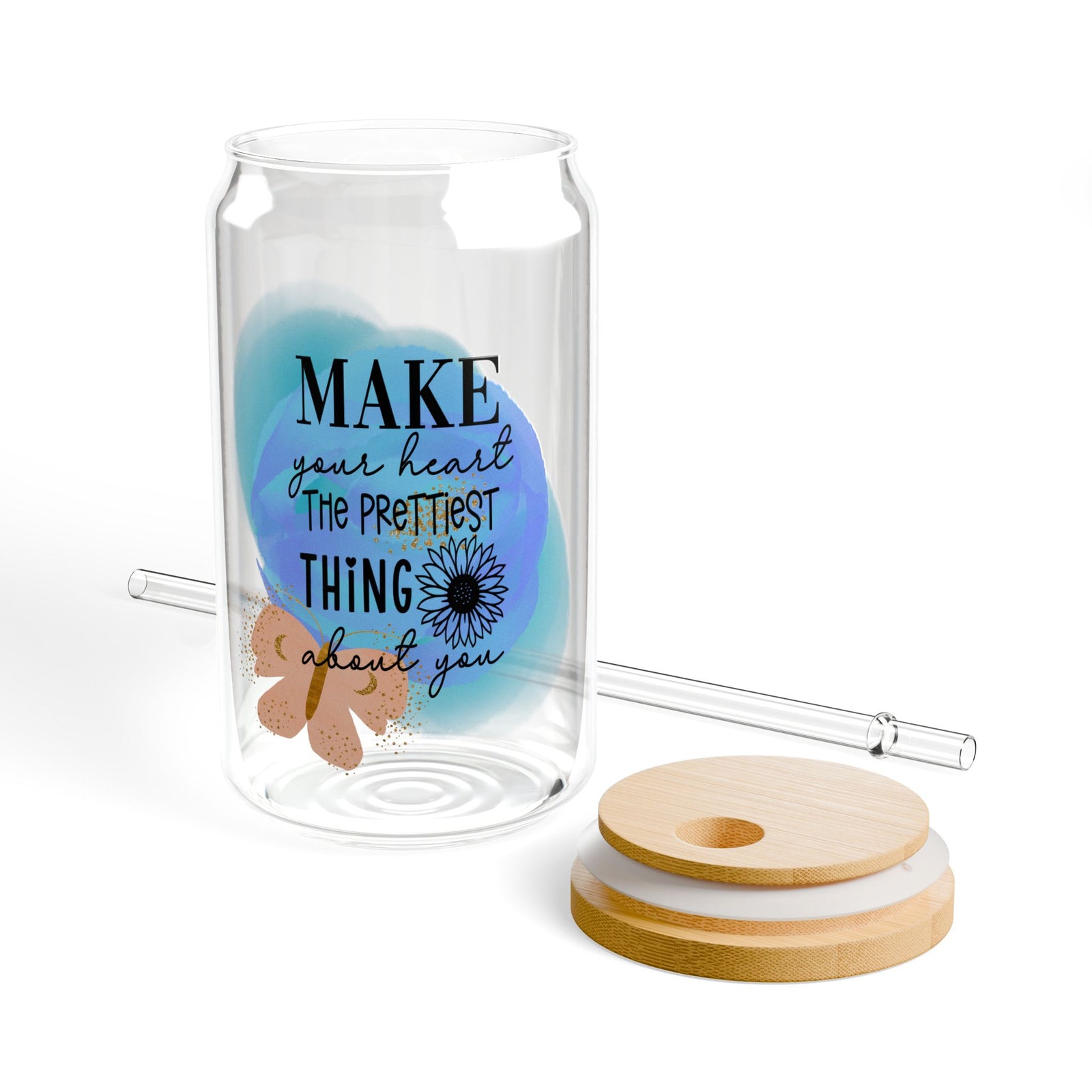 Make Your Heart the Prettiest Thing Inspirational Tumbler Sipper Glass 16oz — Reusable Drink Jar with Lid & Straw - Sydney So Sweet