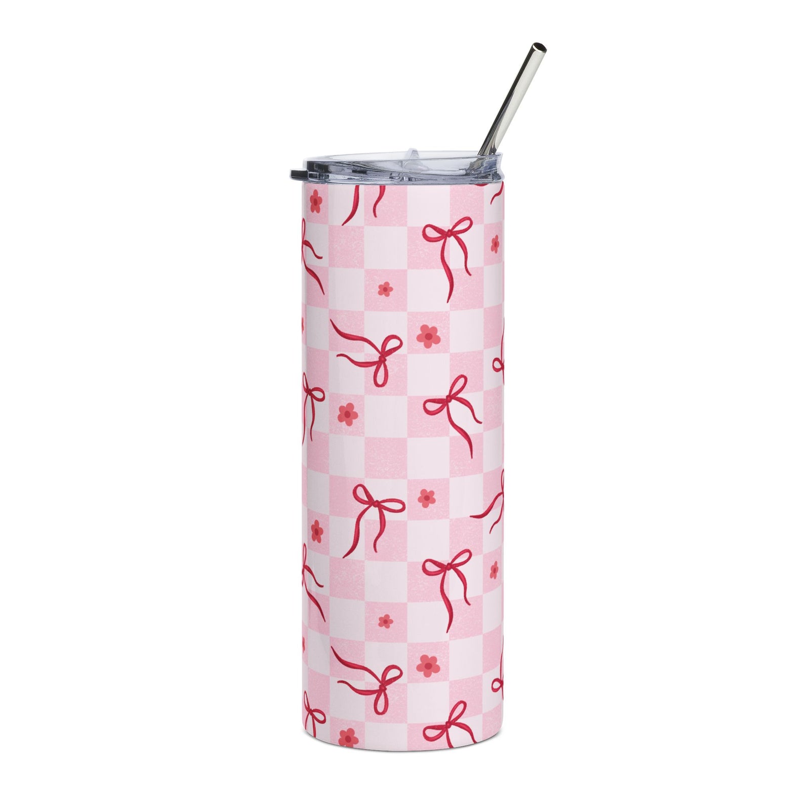 Pink Bow Checkered 20oz Stainless Steel Tumbler Travel Cup Water Bottle