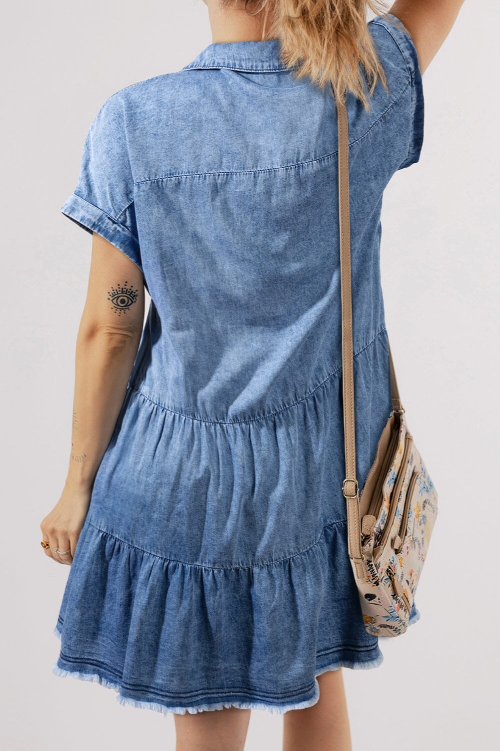 Raw Hem Collared Neck Short Sleeve Denim Dress - Sydney So Sweet